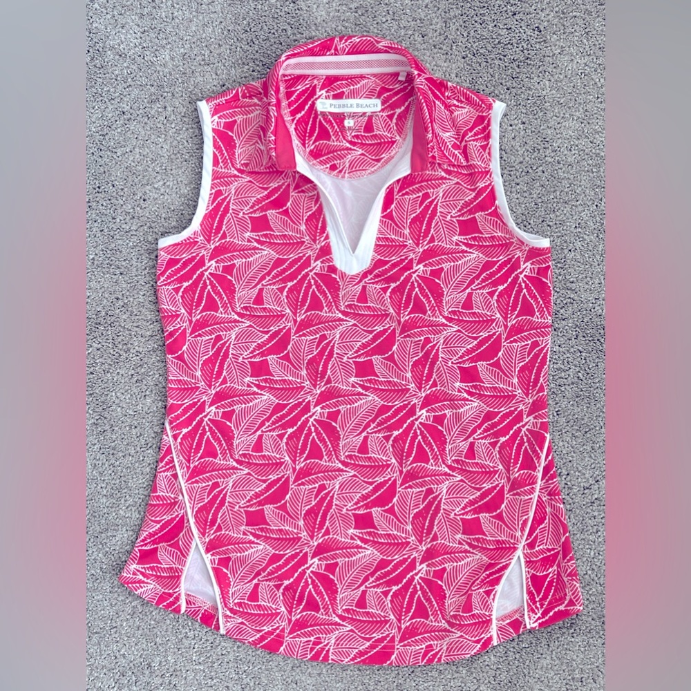 Pebble Beach Sleeveless Pink Palm Floral Print Dry Luxe Performance Golf Shirt
